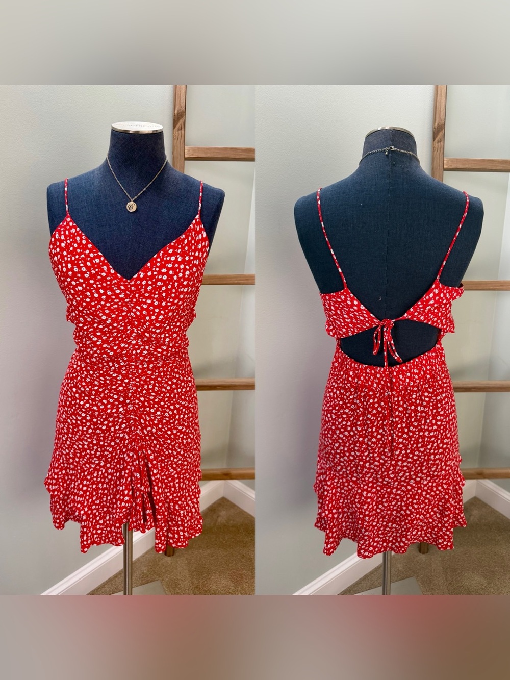 Zara Red Floral Draped Open Back Mini Dress Size Small